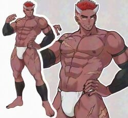 1boy abs akaoni arm_sleeves armband asian_mythology beefy biceps black_nails bulge bulge_through_clothing collarbone dark_skin demon earrings east_asian_mythology edited eight_pack full_body fundoshi fundoshi_only gay grey_background hand_on_waist hi_res horn hunk japanese_mythology laugh leg_sleeves looking_at_viewer male male_only manly mature_male muscles muscular muscular_arms muscular_legs muscular_male muscular_thighs mythological_creature mythology navel no_body_hair oni oni_horns owariya_ranko pecs pointy_ears quadriceps red_body red_hair rokushaku_fundoshi scar scar_on_chest scar_on_face scar_on_leg scar_on_stomach scars_all_over sharp_teeth short_hair six_pack solo standing teeth_showing thick_eyebrows topless tough_guy white_background white_fundoshi yaoi yellow_eyes
