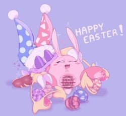 2024 alternate_species ambiguous_gender ariarik_o0 biped blush blush_stickers bodily_fluids censor_bar censored censored_genitalia censored_vulva closed_eyes clothing cute_fangs digital_drawing_(artwork) digital_media_(artwork) duo easter easter_egg egg egg_laying english_text eye_roll face_lick fangs feet female female/ambiguous fluffy fluffy_tail fool's_hat front_view fur furrification genitals hat headgear headwear heart_symbol hi_res holding_partner holidays ineffective_censorship japanese_description kirby kirby_(series) lagomorph leporid licking licking_another licking_partner looking_pleasured lying mammal marx_(kirby) nintendo on_back one_eye_closed pawpads pink_body pink_fur pink_pawpads pink_vulva plump_labia pupils purple_body purple_eyelids purple_fur rabbit red_body red_fur scut_tail short_tail spread_legs spreading sweat sweatdrop tail talons teeth text toes tongue tongue_out vulva waddling_head white_pupils wings
