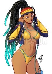 1girls big_breasts bikini bikini_under_clothes breasts capcom curvy dark-skinned_female dark_skin female highleg_bikini kimberly_jackson lucaspflp parted_lips solo street_fighter street_fighter_6 thong thong_bikini wide_hips yellow_bikini