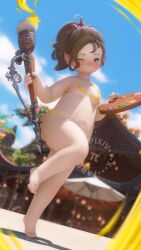 bikini blush ffxiv final_fantasyxiv gpose(ffxiv) krile_(ffxiv) krile_mayer_baldesion krile_mayerbaldesion(ff14) lalafell paint paint_on_body paintbrush painted_clothes petite petite_body petite_female ponytail small_breasts string_bikini wink winking winking_at_viewer