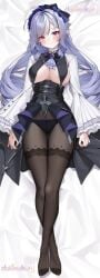 1girls blush breasts breasts_out covered_nipples dakimakura elf elf_female elf_girl exposed_breasts female_focus female_only front_view large_breasts looking_at_viewer matrix16 mole mole_under_eye nervous painted_fingernails painted_nails panties pantyhose pointy_ears purple_hair red_eyes solo solo_female vivian_banshee zenless_zone_zero