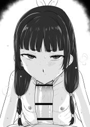 1boy 1girl absurdres bar_censor beads blunt_bangs censored commentary_request erection fellatio flat_chest freckles greyscale hair_beads hair_ornament hair_ribbon hetero highres kaiman_garupan kusuriya_no_hitorigoto long_hair looking_at_viewer low_twintails maomao_(kusuriya_no_hitorigoto) monochrome nipples oral penis pov pov_crotch ribbon steaming_body sweat twintails white_background