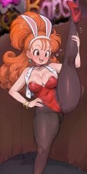 noodle_jacuzzi ai_generated 1girl plump curvy bunny_ears orange_hair big_hair long_eyelashes brown_eyes cleavage medium_breasts wide_hips thick_thighs red_leotard bunnygirl fake_animal_ears red_choker heart_choker gold_bangles areola_slip white_vest gold-trim_vest open_vest cameltoe sweat blush happy excited open_mouth dancing solo female_focus motion_lines cowboy_shot night stage concert fishnet_pantyhose sparkles leg_up high_kick red_shoes high_heels dragon_quest_builders_2 dragon_quest babs_(dragon_quest_builders_2)