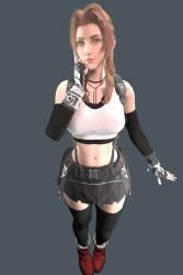 3d 3d_(artwork) aerith_gainsborough breasts canastus female final_fantasy final_fantasy_vii final_fantasy_vii_remake fingerless_gloves looking_at_viewer miniskirt navel pinup render simple_background source_filmmaker stockings tank_top tifa_lockhart_(cosplay)