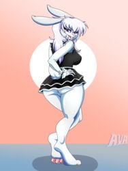 3:4 absurd_res anthro anus ass ava_lugg buckteeth clothing dress eyeliner female genitals hair hare hi_res lagomorph leporid maid_uniform makeup mammal marilyn_e paws purple_eyes pussy simple_background smile solo teeth toes uniform white_body white_hair