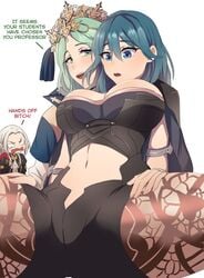 3girls bare_midriff big_breasts blue_eyes blue_hair byleth_(fire_emblem) byleth_(fire_emblem)_(female) crotch_focus cuddlephish0 edelgard_von_hresvelg english_text female_only fire_emblem fire_emblem:_three_houses fishi_webcomics green_eyes green_hair hourglass_figure large_breasts leggings long_hair multiple_girls nintendo nipples nipples_visible_through_clothing presenting purple_eyes rhea_(fire_emblem) rhealeth shorts source_request spread_legs stockings text thick_thighs white_hair