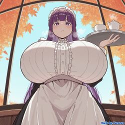 1girls absurd_res absurdres ai_generated alternate_breast_size anime autumn blue_sky blurry_background blush breasts breasts_bigger_than_head breasts_bigger_than_torso breasts_focus cafe comfyui curvy depth_of_field female fern_(sousou_no_frieren) frieren_beyond_journey's_end frills from_below gigantic_breasts heavy_breathing highres holding_tray huge_breasts indoors large_breasts lips long_dress long_hair looking_at_viewer looking_down maid massive_breasts mature_female milf pout purple_hair solo solo_female solo_focus sousou_no_frieren stable_diffusion steam taut_clothes tight_clothing top_heavy top_heavy_breasts very_long_hair window xenomon