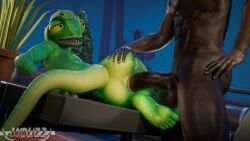 3d_(artwork) anal anthro balcony black_body bracelet dark-skinned_male digital_media_(artwork) duo epic_games feet first_time_anal fortnite green_body hand_on_butt hand_on_hip happy hi_res human human_on_anthro interspecies jaiblizz jewelry lizard logo lying male male/male mammal on_side outside plant reptile scalie smile ziggy_(fortnite)
