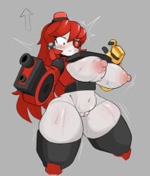 1girls alarm arrow_(symbol) black_boots boots breasts breasts_out brown_eyes cropped_legs eyepatch female gijinka gloves grey_background hahadesiowo hand_up huge_breasts long_hair mimi_sentry navel nipples pussy red_hair red_shirt robot robot_girl sentry_(team_fortress_2) shirt simple_background single_glove skindentation solo solo_female surprised sweat team_fortress_2 thick_thighs thighs weapon wide-eyed yellow_gloves