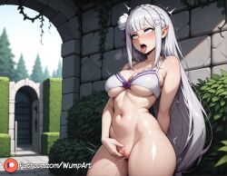 ahe_gao ai_generated arch arm_behind_back artist_name bare_shoulders bikini_top_only blunt_bangs blush bottomless bra braid breasts brick_wall bush cleavage crown_braid day elf emilia_(re:zero) female female_ejaculation female_masturbation female_only female_orgasm fingering flower french_braid grey_hair hair_flower hair_ornament hair_ribbon large_breasts long_hair low-tied_long_hair masturbation mosaic_censoring navel open_mouth orgasm outdoors patreon_logo patreon_username pointy_ears purple_eyes purple_ribbon pussy pussy_juice re:zero_kara_hajimeru_isekai_seikatsu ribbon rolling_eyes rose saliva shiny_skin sidelocks sky solo standing standing_masturbation stomach sweat teeth tongue tongue_out tree trembling uncensored underboob underwear very_long_hair watermark web_address white_bra white_flower white_hair white_rose wumpart x_hair_ornament
