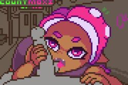 animated ball_sucking countmoxi dark-skinned_female dark_skin female gif handjob humanoid licking licking_testicles looking_at_viewer nintendo octoling pink_eyebrows pink_eyes pixel_art splatoon tentacle_hair