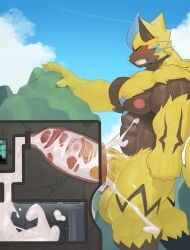 absurd_res anthro balls big_balls big_muscles big_penis blush bodily_fluids body_worship closed_eyes cum cum_inside destruction erection excessive_cum excessive_genital_fluids facility felid flooding fur generation_7_pokemon genital_fluids genitals glans hi_res huge_cock huge_muscles humanoid_genitalia humanoid_penis hyper hyper_genitalia hyper_penis internal legendary_pokemon machine macro male male_only mammal milking_machine muscular muscular_anthro muscular_male mythical_pokemon namutree nintendo nipples orgasm pecs penetrable_sex_toy penetration penile penis penis_milking pokemon pokemon_(species) sex_toy solo solo_male thick_penis vein veiny_penis yellow_body yellow_fur zeraora