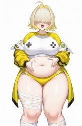 1girls ai_generated bloomers breasts chin_length_hair chubby chubby_belly chubby_female elegg_(nikke) fangs female female_only gamer_girl goddess_of_victory:_nikke hair_over_eyes large_breasts midriff midriff_baring_shirt navel pale-skinned_female pale_skin thick_thighs two-tone_hair wide_hips