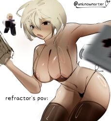 1girls artist_name big_ass big_breasts blonde_hair combat_medic_(tdx) female micro_bikini naked nipples pov reference_image refractor_(tdx) roblox roblox_game robloxian self_upload short_hair sweat tagme tan_body tan_skin thighhighs tower_defense_x unknownarter