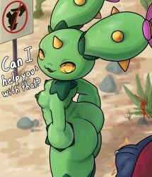 absurd_res areola ass big_butt bodily_fluids breasts bulge clothing dialogue duo eyelashes female generation_5_pokemon genital_fluids green_areola green_body green_nipples hand_on_hip hi_res humanoid looking_back male maractus nintendo nipples pokemon pokemon_(species) precum precum_through_clothing rear_view shortstack small_breasts text thick_thighs wet wet_clothing wide_hips yawlyawl090 yellow_eyes yellow_sclera