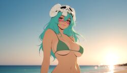 1girl absent ai_generated animal_skull anime_style aqua_hair beach beach_setting big_breasts bikini bleach blurry_background blush bokeh bokeh_background breasts cleavage curvy depth_of_field detailed_eyes detailed_face eyeshadow female glistening golden_hour green_bikini green_bikini_top green_hair hair_over_one_eye hat hentai highres huge_breasts large_breasts long_hair looking_at_viewer lxlbanner makeup mature_female micro_bikini nelliel_tu_odelschwanck ocean one_piece_swimsuit outdoors pink_eyeshadow realistic sea shiny_skin sideboob skull_hat skull_on_head sky slight_smile smile solo standing sunset sunset_beach sweatdrop thick_thighs turquoise_hair underboob upper_body voluptuous warm_lighting white_skull wide_hips