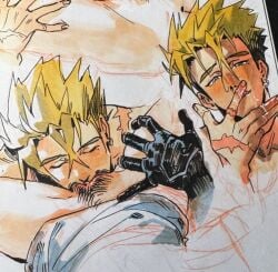 blonde_hair bush canon_couple eating_pussy gloved_hands iria_arts meryl_stryfe pubic_hair pussy scars sex traditional_art traditional_media traditional_media_(artwork) trigun trigun_maximum vash_the_stampede wholesome