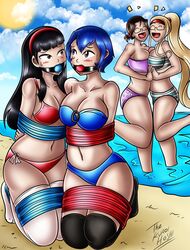 amagi_yukiko arms_behind_back ball_gag beach big_breasts bikini black_hair blue_ball_gag blue_hair bondage breasts dakuroihoshi drawing female femsub fenrilhuayra gag gagged headband long_hair multiple_girls multiple_subs original_character persona persona_4 red_ball_gag rope shirogane_naoto short_hair swimsuit tagme tied_up underwear