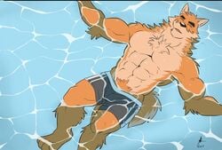 1boy abs anthro anthro_only bara closed_eyes furry furry_only male_only muscular muscular_male pecs pool public solo solo_male takemoto_arashi