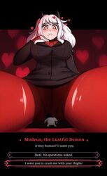 charlydibulol color crushing english_text giantess heart heart-shaped_pupils helltaker helltaker_(character) modeus_(helltaker) text thigh_crush thigh_squeeze thigh_squish thighs