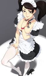 1girls becky_(persona) black_eyes black_hair blush brown_hair choker feguimel female high_heels looking_at_viewer maid maid_headdress maid_outfit medium_hair no_shoes pale_skin persona persona_5 petite sadayo_kawakami smilng thighhighs twintails