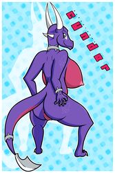 2:3 absurd_res activision anthro anthrofied anus ass big_ass big_breasts big_butt blade bracelet breasts cel_shading claws collar crouching cynder dododragon56 dragon female female_focus genitals happy hi_res horn jewelry looking_back mouth_closed nude pussy reptile scalie simple_background smile solo spiked_bracelet spiked_collar spikes spyro_the_dragon squish tattoo text video_games