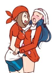 ass bandana beanie bike_shorts blue_eyes blue_hair blush brown_hair closed_eyes coat dawn_(pokemon) hat human masturbation may_(pokemon) pokemon pokemon_dppt pokemon_rse scarf smiling spats thighhighs unzipped yondu