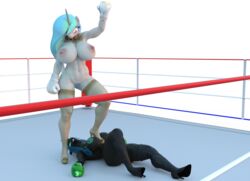 2girls 3d alpha_channel anthro areola arthropod big_breasts bodily_fluids boxing boxing_gloves boxing_ring breasts changeling clothing defeated duo equid equine female female_only fighting_ring footwear friendship_is_magic furry genitals gloves green_boxing_gloves green_gloves handwear hasbro heels hellbridge hi_res high_heels horn knocked_out lactating lying mammal mostly_nude my_little_pony nipples on_back princess_celestia_(mlp) pubes pussy queen_chrysalis_(mlp) shoes stockings thick thick_thighs thighhighs thighhighs　thighs thighs transparent_background unicorn white_boxing_gloves white_gloves wide_hips