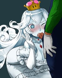 1boy 1girls big_breasts blowjob blue_eyes blue_skin blush blushing boosette clothed clothing collar crown cum cum_in_mouth cum_inside cumming dark_penis dress fellatio gloves haraya kneeling long_hair luigi luigi's_mansion mario_(series) new_super_mario_bros._u_deluxe nintendo nipple_bulge one_eye_closed oral rule_63 silver_hair tear white_hair