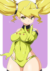 1girls 2020 blonde_hair breasts clothing covered_navel double_bun elbow_gloves eyelashes female female_only gijinka gloves highres human human_only humanized humanized_pokemon latex latex_gloves legendary_pokémon leotard matching_hair/eyes mituyota_76 moemon nintendo personification pokémon_(species) pokemon pokemon_ss pose purple_background regieleki simple_background small_breasts smile solo standing thick_thighs thighhighs thighs tied_hair v white_border wide_hips yellow_eyes yellow_gloves yellow_leotard zettai_ryouiki