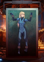 1girls angry arms_up blonde_hair blue_eyes bodysuit bondage carbonite female gritted_teeth jumpsuit looking_at_viewer metroid nintendo peril ponytail restrained samus_aran star_wars stationary_restraints struggling tryeka zero_suit zero_suit_samus