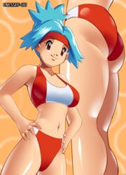 ass bikini blue_hair breasts enessef-uu hands_on_hips human legs midriff navel pokemon pokemon_ranger red_eyes solana_(pokemon) thighs