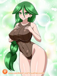 1girls abs big_breasts braided_hair cheryl_(pokemon) eye_contact female green_eyes green_hair huge_breasts human long_green_hair long_hair looking_at_viewer nintendo pale-skinned_female pale_skin patreon patreon_username pokemon pokemon_dppt smile swimsuit text thick_thighs thighs url wide_hips yensh