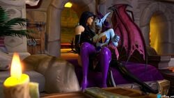 2girls 3d black_hair blizzard_entertainment blue_skin demon_wings female horns human purple_hair reey_art thighhighs void_elf wings world_of_warcraft yuri