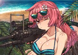 aiming anti-materiel_rifle beach bikini breasts cleavage eyewear_on_head girls'_frontline gun hair_ornament ntw-20_(girls_frontline) one_eye_closed pink_hair swimsuit weapon