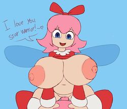 1boy 1girls 2019 absurd_res alternate_breast_size areolae blue_background blue_eyes breasts breasts_out clothing dialogue duo fairy fairy_wings hair_ribbon heart-shaped_pupils huge_breasts kirby kirby_(series) long_sleeves metachoke nintendo penetration pink_hair puffy_nipples red_shirt ribbon_(kirby) sex short_hair spoken_heart stockings thick_thighs thighhighs