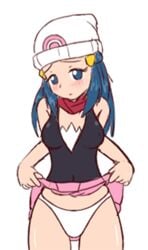 beanie blue_eyes blue_hair blush dawn_(pokemon) human pokemon pokemon_dppt scarf skirt skirt_lift yondu