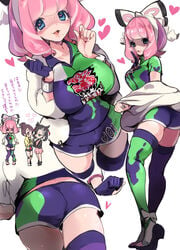 3girls ass big_ass big_breasts black_hair blue_eyes breasts brown_hair chorimokki female gloria_(pokemon) gloves green_thighhighs hair_ribbon heart heart-shaped_pupils human klara_(pokemon) marnie_(pokemon) medium_hair nail_polish nintendo pale-skinned_female pale_skin pink_hair pink_nails pokemon pokemon_ss pokemon_ss_isle_of_armor purple_thighhighs shorts smile text thick_thighs thighhighs twintails white_background