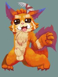 3:4 absurdres animal_genitalia beady_eyes erection fur genitals gnar highres league_of_legends male male_only mammal mousecat orange_body orange_fur penis penis_tip purple_body purple_fur riot_games sheath solo tongue tusks yordle