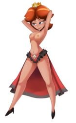 1girls 2019 arm_support armpits arms_behind_head arms_up bedroom_eyes black_heels blue_eyes blush breasts brown_hair cape crown curvy earrings erect_nipples female female_focus female_only flower_earrings frilled_panties frills full_body ginger_hair half-closed_eyes hands_behind_head heels high_heels highres light-skinned_female light_skin lips lipstick looking_to_the_side mario_(series) medium_breasts moikaloop mostly_nude nintendo nipples panties princess_daisy red_and_black_panties shoulder_length_hair simple_background smile solo solo_female source_request standing thick thighs topless white_background wide_hips