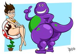 anthro barney_and_friends barney_the_dinosaur big_ass bra crossover dinosaur male_focus mario_(series) overwatch panties piranha_plant reptile shortstack tail thick_ass thick_thighs tracer