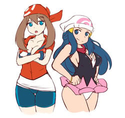 bandana bike_shorts blue_eyes blue_hair brown_hair cleavage dawn_(pokemon) gloves human looking_at_another may_(pokemon) pokemon pokemon_dppt pokemon_rse scarf skirt spats tank_top thighs unzipped yondu