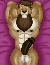 2020 abs anthro balls beard bed belt biceps clothing digital_media_(artwork) erection facial_hair felid feline fur furniture genitals hair hands_behind_back hands_behind_head hi_res humanoid_genitalia humanoid_penis klr-rio la'an lion lying male male_only mammal mane muscular muscular_male nipples nude on_back pantherine pecs penis robe simple_background solo vein