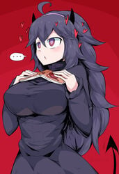 ... 1girls 2020 :o artist_name book breast_suppress breasts clothed clothing demon_horns demon_tail dress female female_only fusion hairband hand_on_chest heart heart-shaped_pupils helltaker hex_maniac highres horns human human_only large_breasts long_hair modeus_(helltaker) nintendo open_mouth pink_hairband pokemon pokemon_xy possession purple_hair raised_tail red_background red_eyes simple_background solo speech_bubble spoken_ellipsis standing suzusiigasuki tail tongue turtleneck twitter_username