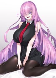 alternate_breast_size alternate_hairstyle big_breasts fate/grand_order fate_(series) glasses hair_over_one_eye huge_breasts kneeling long_hair looking_at_viewer mash_kyrielight open_mouth pale-skinned_female pale_skin pantyhose pink_eyes pink_hair tie watosu_(watosu_mama)