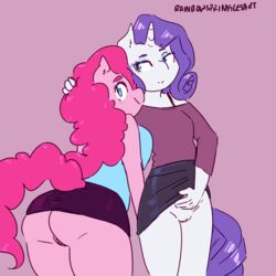 1:1 2020 absurd_res anthro anthrofied ass bottomwear clothed clothing duo equid equine female flashing friendship_is_magic front_view furry genitals hair hasbro hi_res horn horse mammal my_little_pony no_underwear pink_body pink_hair pinkie_pie_(mlp) pony purple_hair pussy rainbowsprinklesart rarity_(mlp) rear_view skirt straight_hair unicorn upskirt white_body