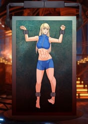 1girls 2020 2020s abs angry arms_up barefoot blonde_hair blue_eyes blue_shorts bondage carbonite casual_outfit_(metroid) damsel damsel_in_distress gritted_teeth gym_shorts living_statue long_hair looking_at_viewer metroid midriff muscles nintendo peril restrained samus_aran shorts soles spats sports_bra star_wars stationary_restraints struggling tomboy tryeka