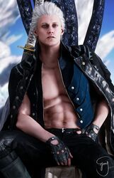 1boy 3d abs artist_signature blender devil_may_cry devil_may_cry_5 emy-san human looking_at_viewer male male_only mature_male muscles muscular_male open_shirt scabbard smooth_skinned_male solo sword vergil white_hair