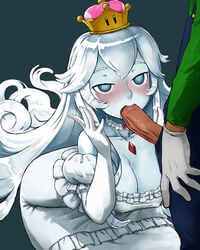 1boy 1girls big_breasts blowjob blue_eyes blue_skin blush blushing boosette clothed clothing collar crown dark_penis dress fellatio gloves haraya kneeling long_hair luigi luigi's_mansion mario_(series) new_super_mario_bros._u_deluxe nintendo nipple_bulge oral rule_63 saliva silver_hair white_hair