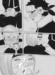 1boy 1boy1girl 1girls bent_over blowjob blush clothed_sex clothing comic cum cum_on_face ejaculation erection facepaint fellatio goggles goggles_on_head half-closed_eyes headband line_art long_hair monochrome naruto naruto_(series) naruto_shippuden nohara_rin one_eye_closed oral penis_grab short_hair sitting uchiha_obito